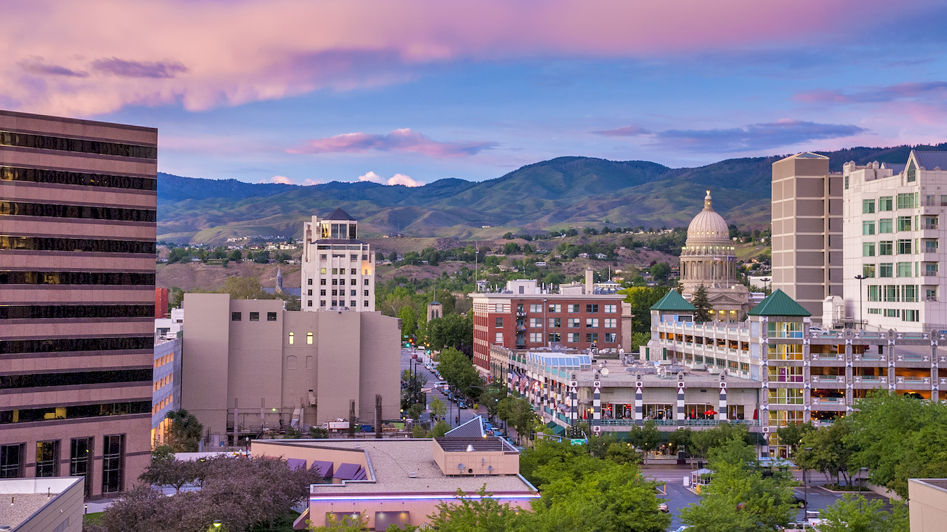 Downtown Boise Idaho just after sundown with Capital building